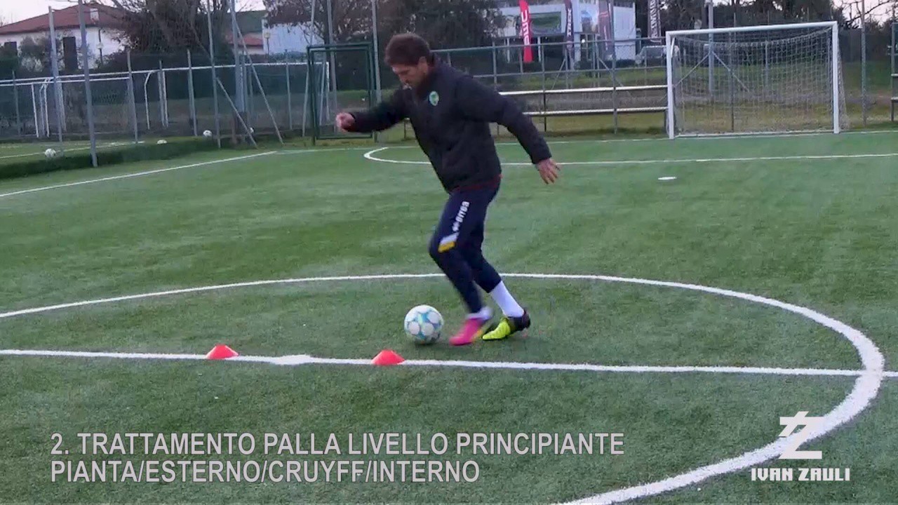 BALL MASTERY: 2 exercises: sole, outside, hook, inside + sole, outside, Cruyff, inside